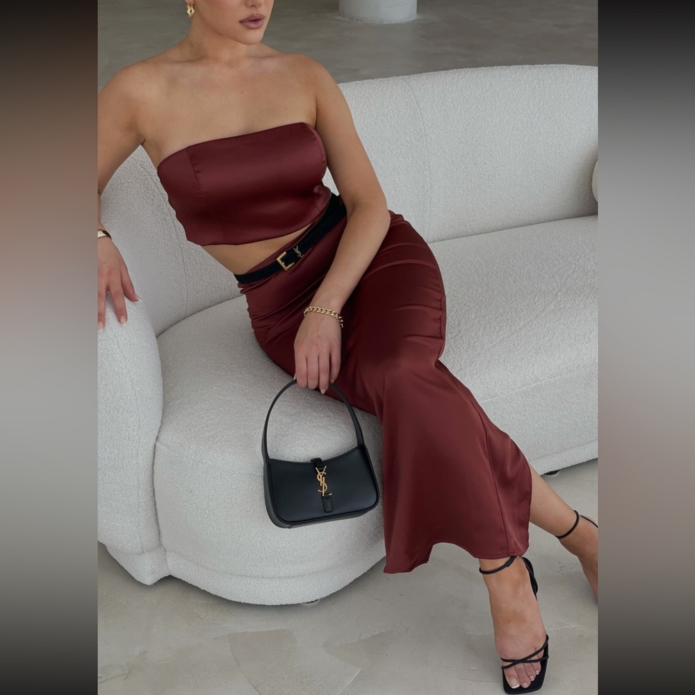 Meshki Satin Tube Top and Maxi Skirt Set - Cherry Chocolate Brown